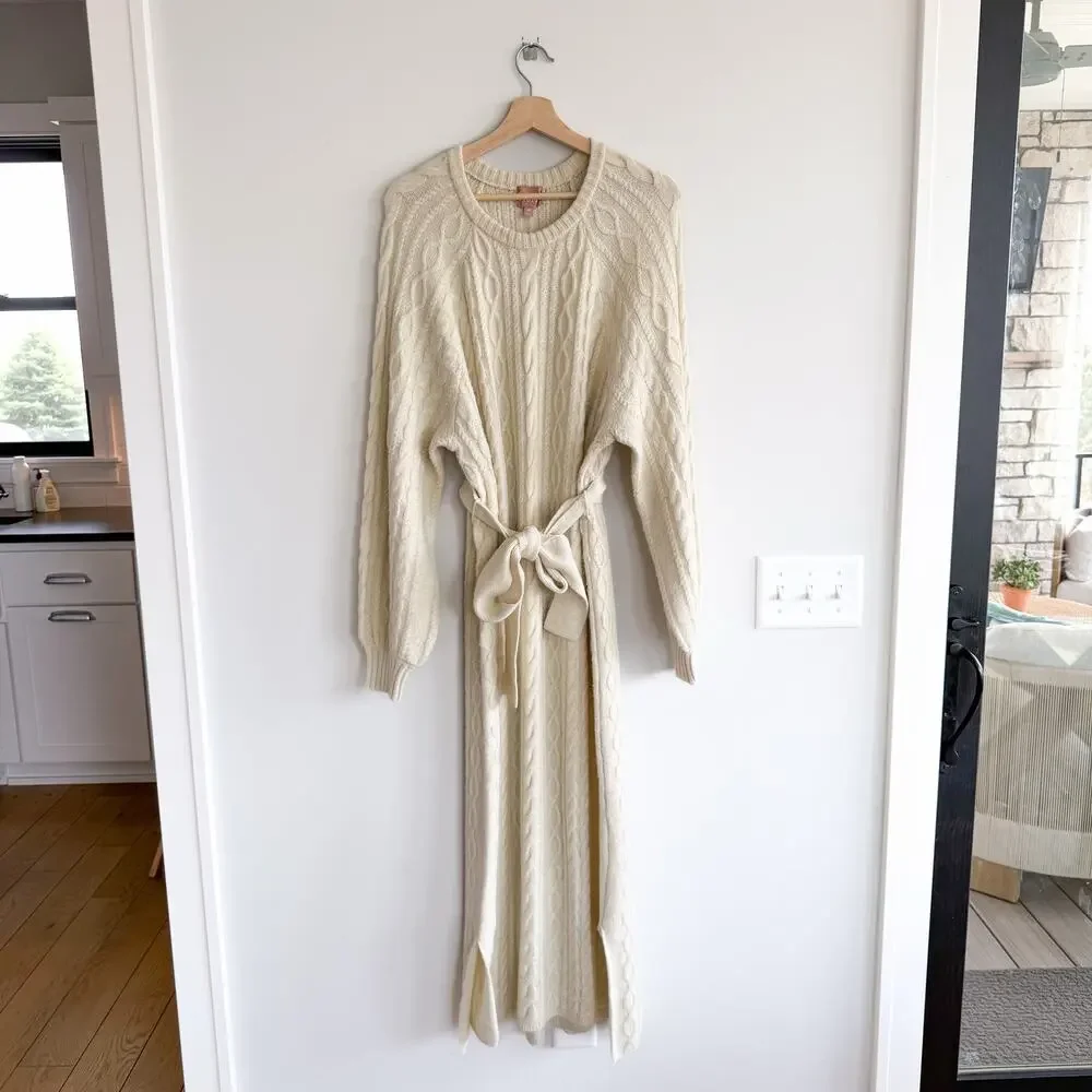 Show Me Your Mumu Barb Chunky Cable Knit Belted Maxi Sweater Dress Cream M - Picture 3 of 11